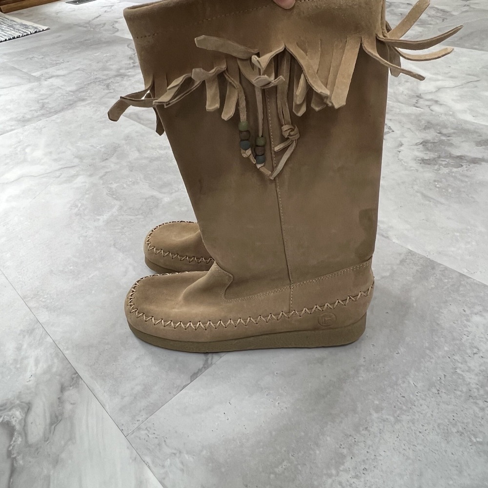 Report‎ Dubai Women's Size 8.5 Suede Moccasin Fringed Beads Camel Brown Boots